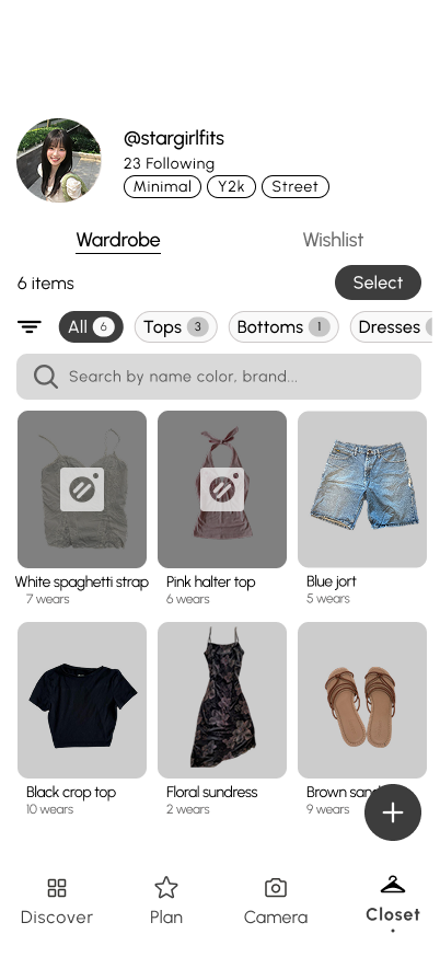 Threadit Wardrobe screen with profile, category filters, clothing grid, and wear counts.