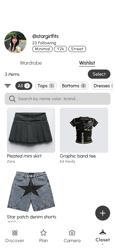 Threadit Wishlist screen showing wanted clothing alongside the Wardrobe tab.